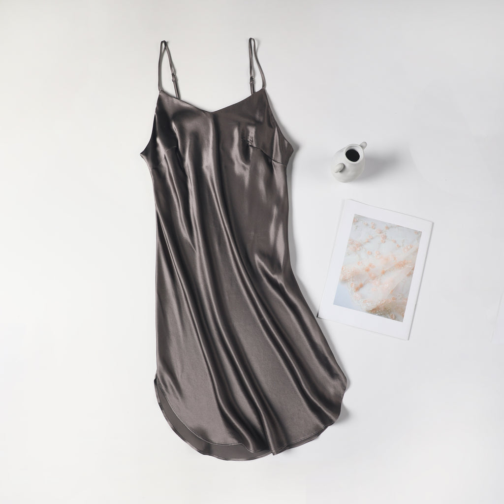 River Nymph | Black Pure Silk Slip Dress | Knee Length with Adjustable  Straps | 22 Momme | Float Collection