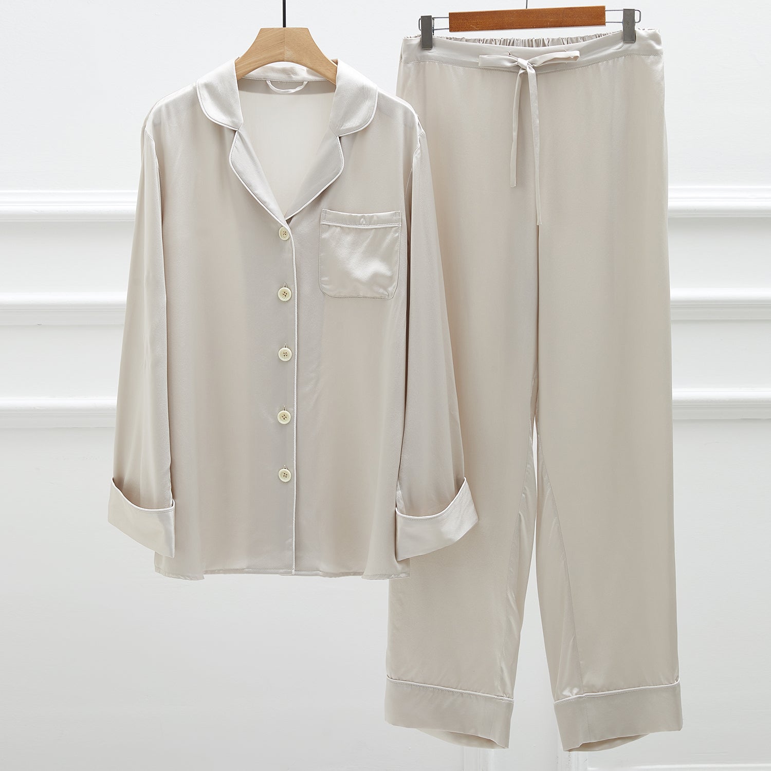 Cotton Sateen Pajama Set with Contrast Piping - Cream/Terra