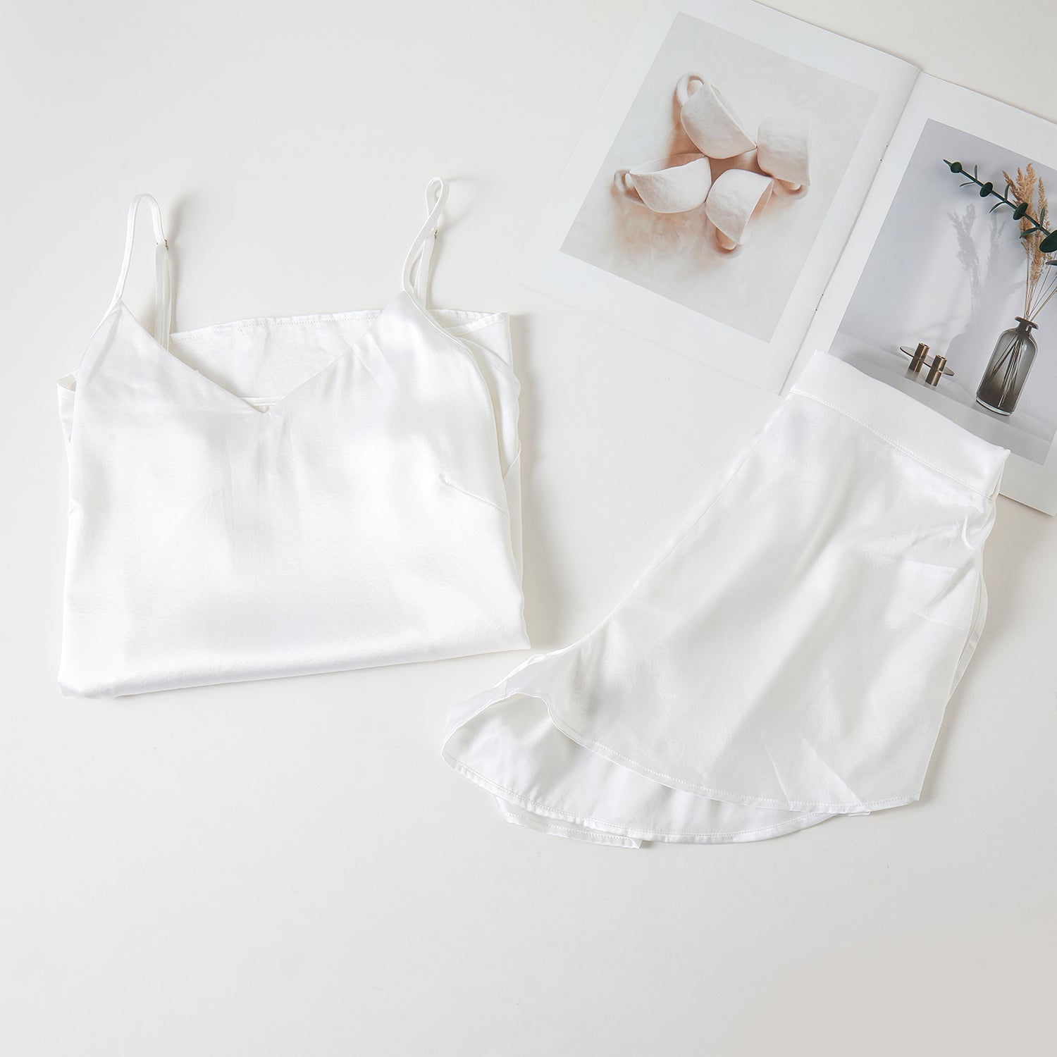 Pearl White Pure Mulberry Silk Petal Camisole | V Neck Spaghetti Strap Silk Charmeuse Cami Top | Soar Collection