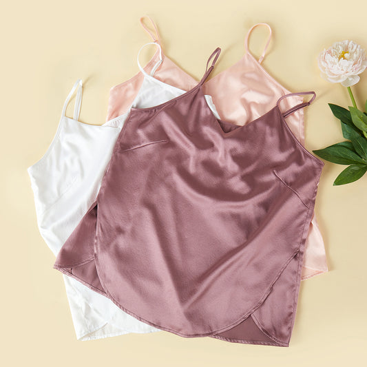 Cocoa Purple Pure Mulberry Silk Petal Camisole | V Neck Spaghetti Strap Silk Charmeuse Cami Top | Soar Collection