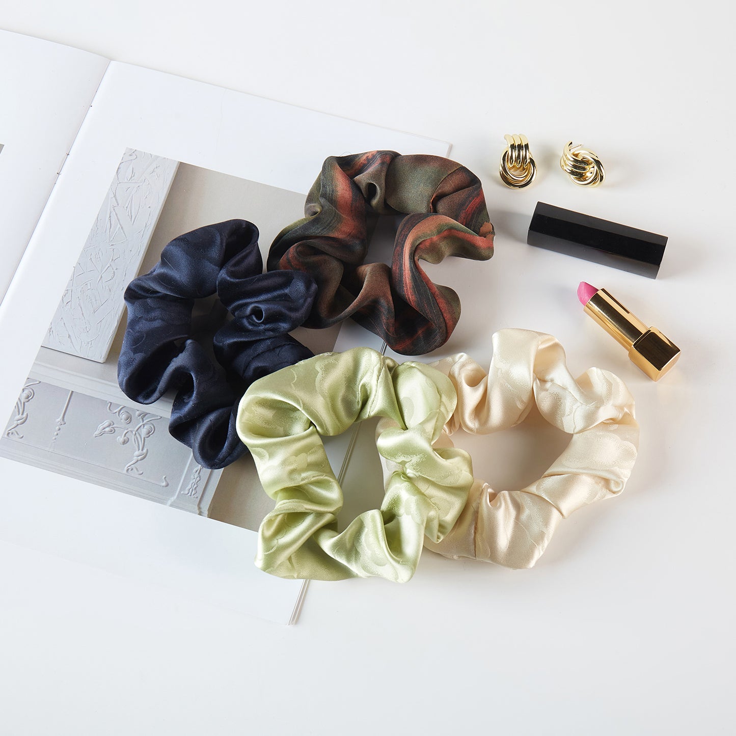 Set of 4 Pure Mulberry Silk French Scrunchie | Clouds and Rivers | Jacquard Silk & Tea Silk | 2 inch | 20 Momme | Brush Collection