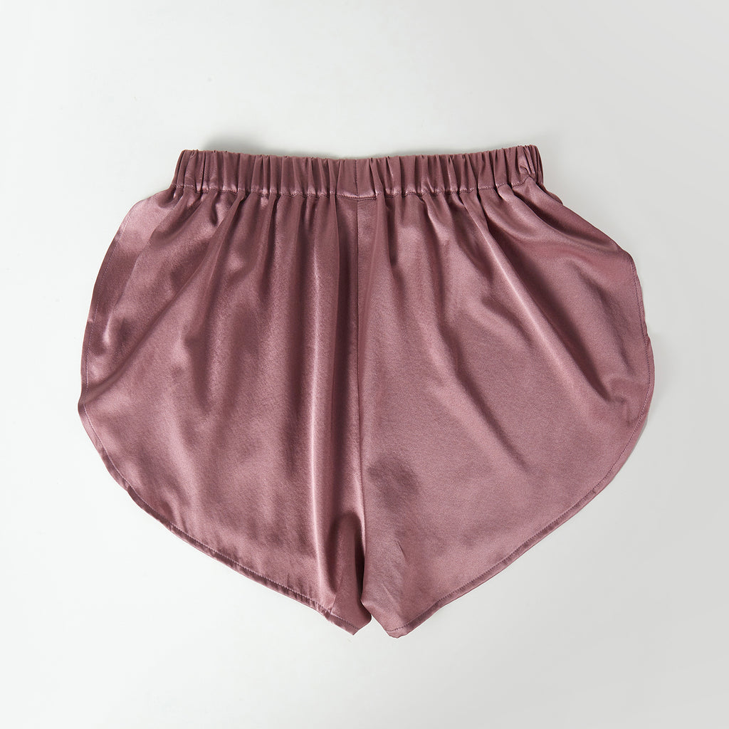 Cocoa Purple Pure Mulberry Silk Petal Shorts | Mid-Waist | Silk Charmeuse Handmade Bridal Shorts | Soar Collection