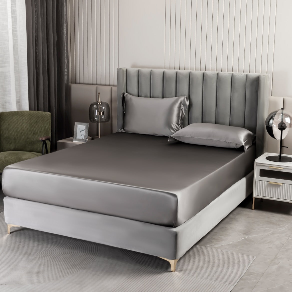 Sample: Steel Grey and Aqua Green 32 Momme Silk 6-Piece Bedding Set in Queen Size