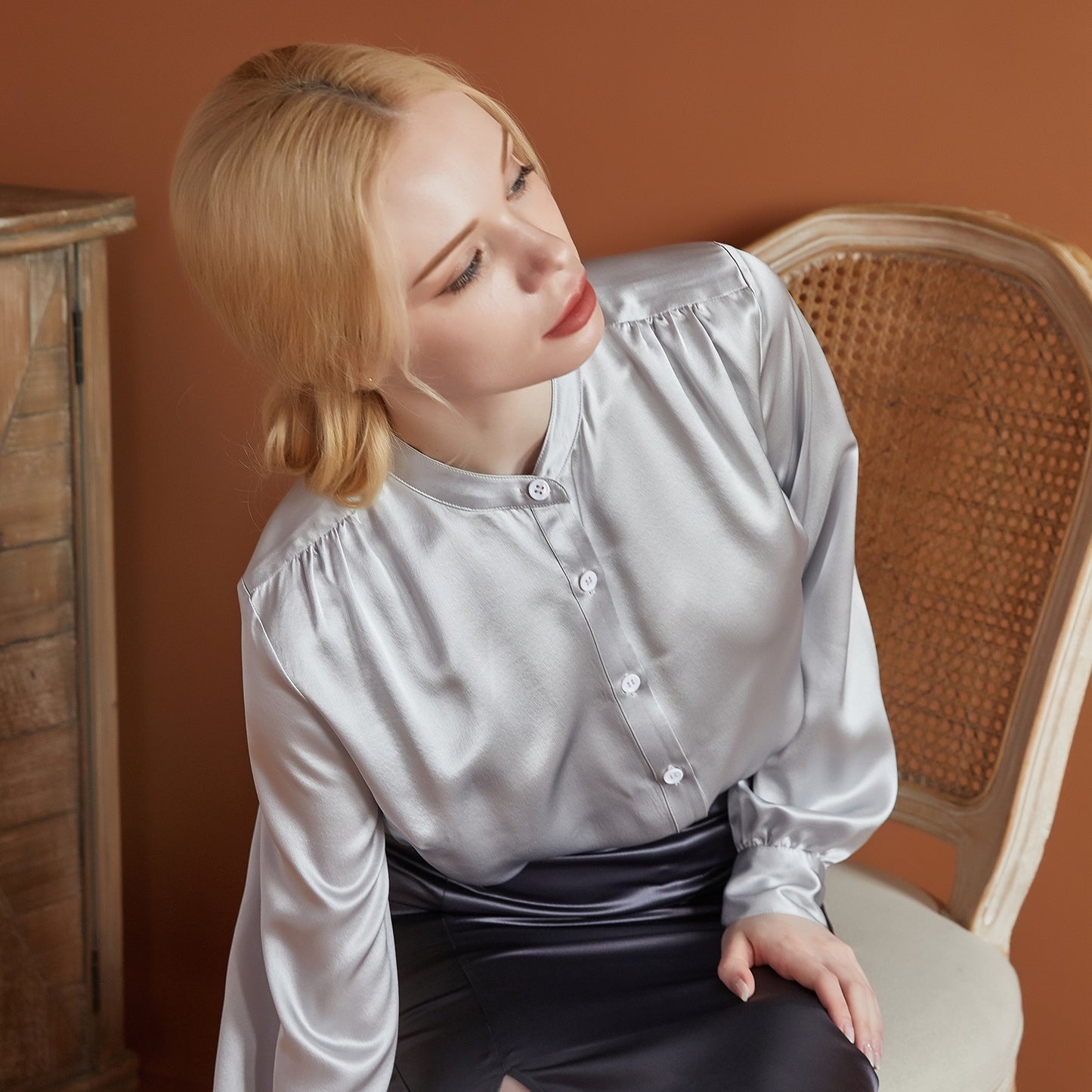 Pure Silk Long Sleeve Banded Collar Blouse | Aeverie | 22 Momme Silk Charmeuse