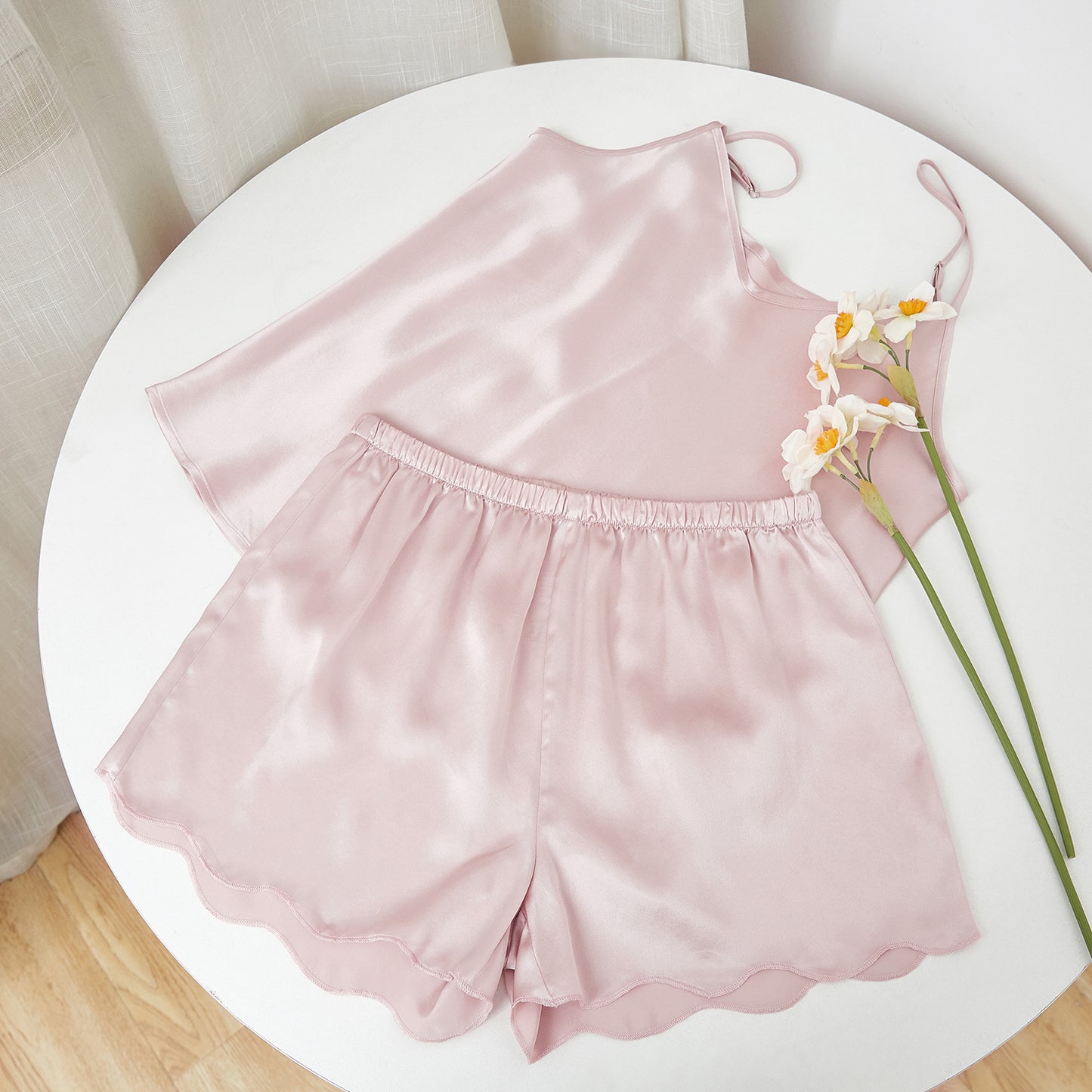 Dusty Rose Pure Mulberry Silk Camisole and Scalloped Shorts Set | 19 Momme Silk Charmeuse