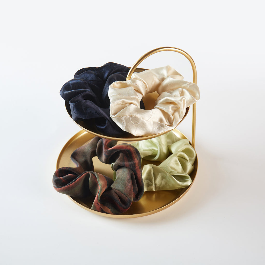 Set of 4 Pure Mulberry Silk French Scrunchie | Clouds and Rivers | Jacquard Silk & Tea Silk | 2 inch | 20 Momme | Brush Collection