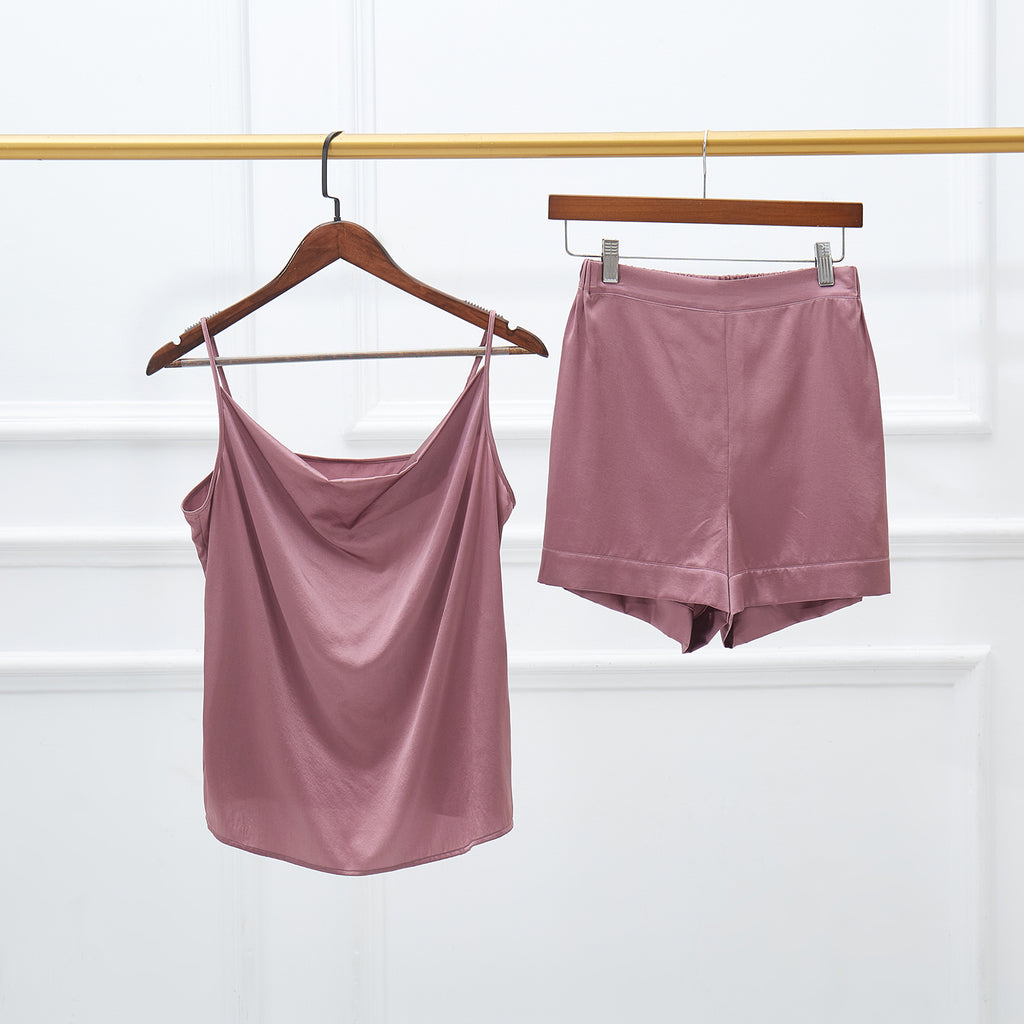 Cocoa Purple Pure Mulberry Silk Cowl Neck Camisole | Spaghetti Strap Silk Charmeuse Cami Top | Soar Collection