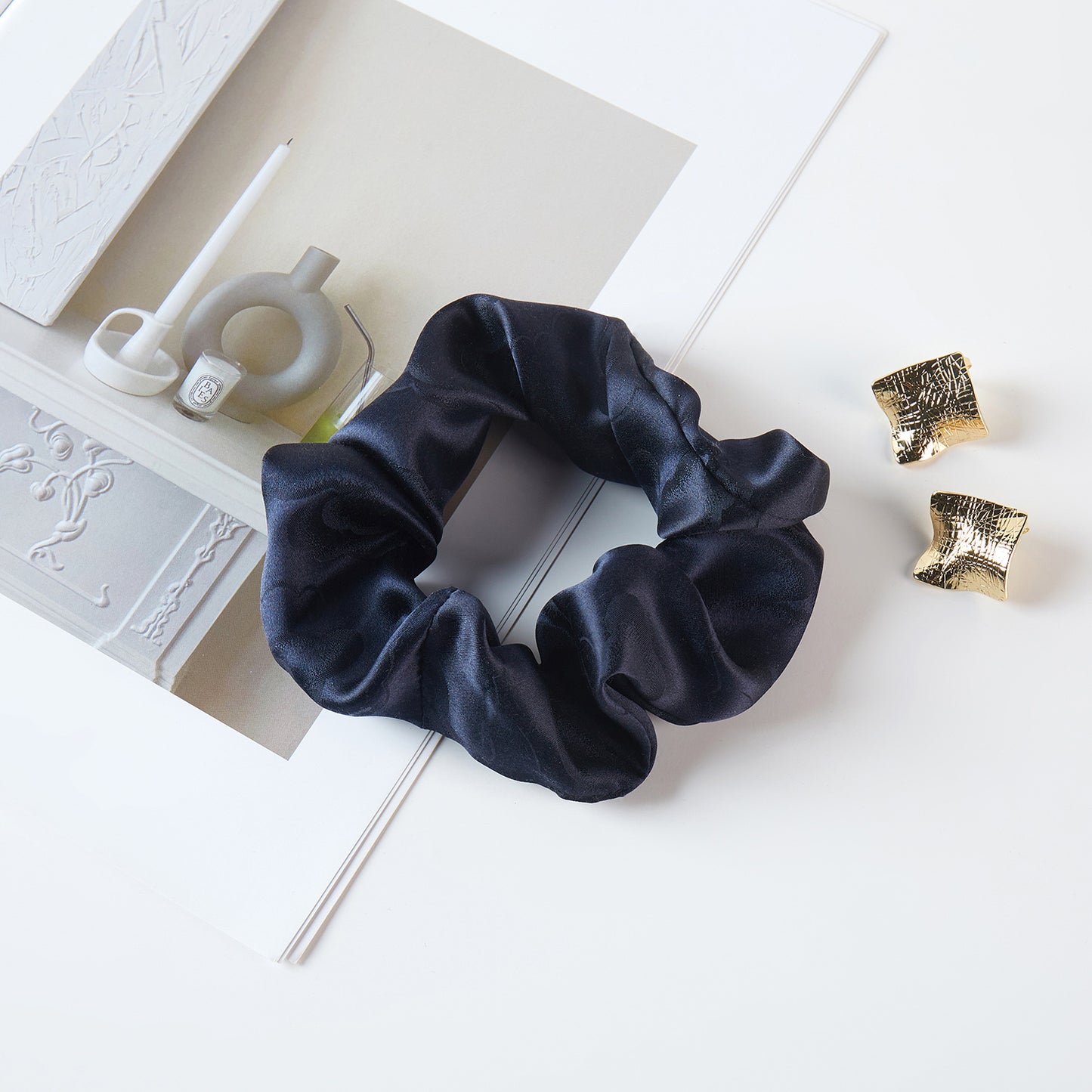 Pure Mulberry Silk French Scrunchie | Navy Cloud | Jacquard Silk | 2 inch | 20 Momme | Brush Collection