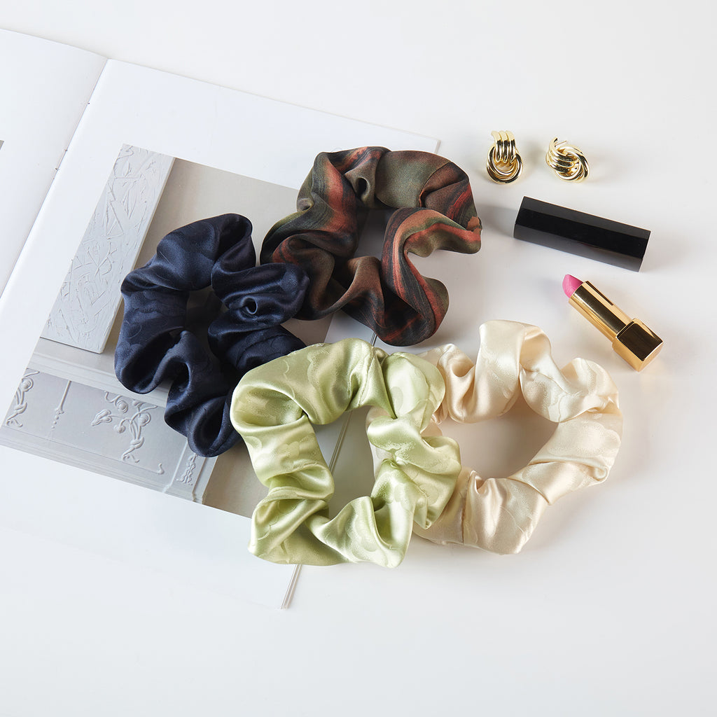 Pure Mulberry Silk French Scrunchie | Mountains and Rivers | Tea Silk | 2 inch | 20 Momme | Brush Collection