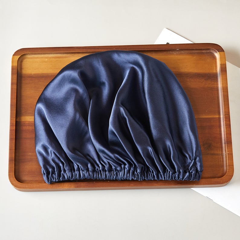 Navy Silk Sleeping Bonnet with Adjustable Elastic Fitting