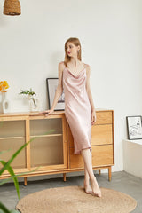 Rebirth of Venus | Baby Pink Silk Cowl Neck Slip Dress | Midi Dress with Adjustable Straps | 22 Momme | Float Collection