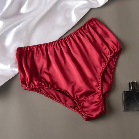 100% Silk High Waisted French Knickers. Red With Grey French Lace