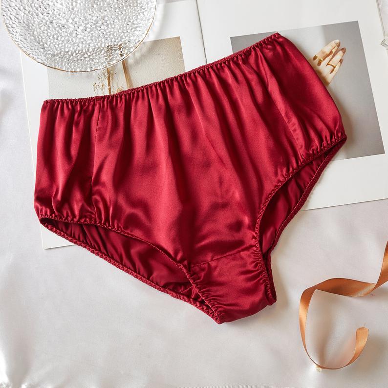 Pure Mulberry Silk French Cut Panties, High Waist In Ruby