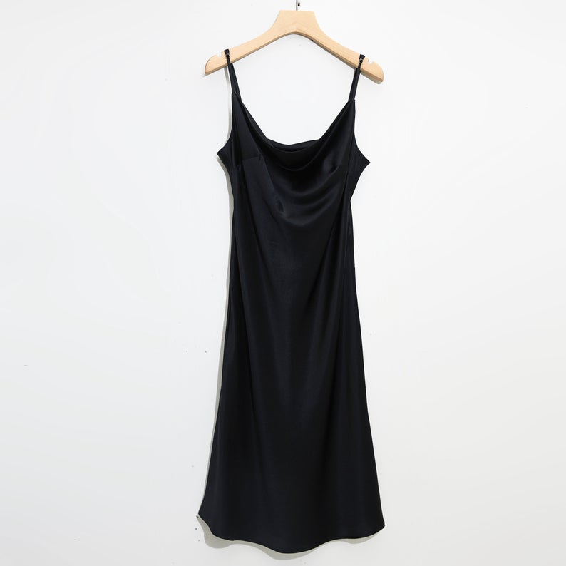 Rebirth of Venus | Black Silk Cowl Neck Slip Dress | Midi Dress with Adjustable Straps | 22 Momme | Float Collection