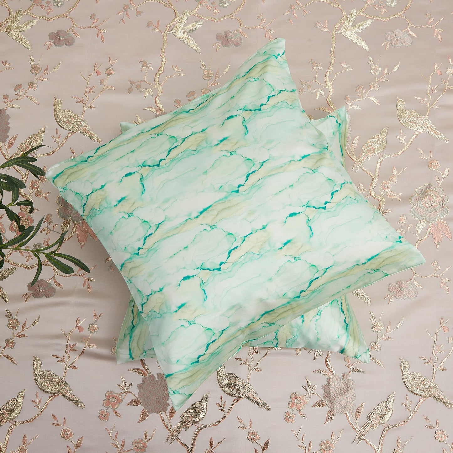 Marble Print Mint Green Mulberry Silk Cushion Cover | 19 Momme | Brush Collection | Throw Pillow Cover with Zipper