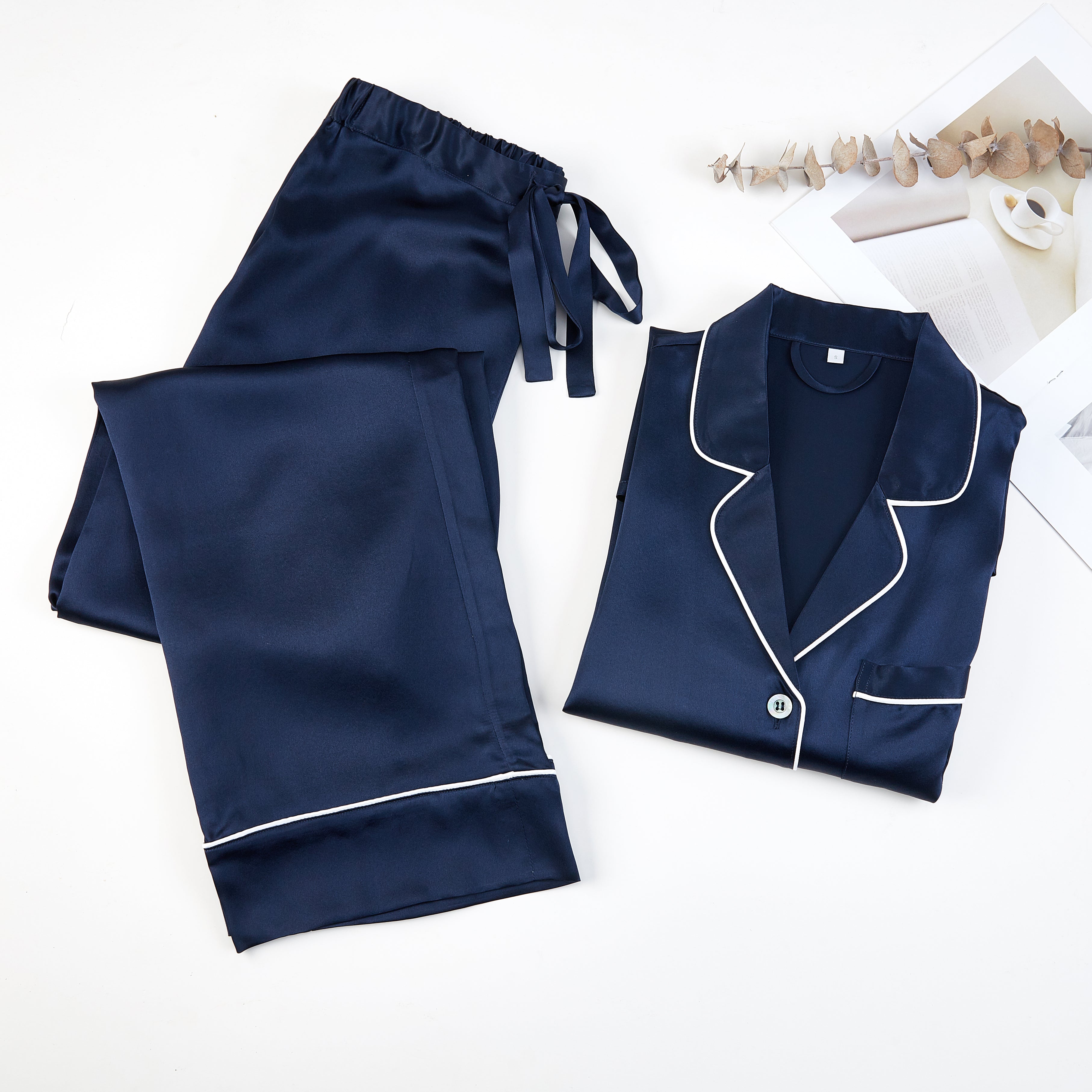 Black Piping Detail Long Sleeve Satin Pyjama Set