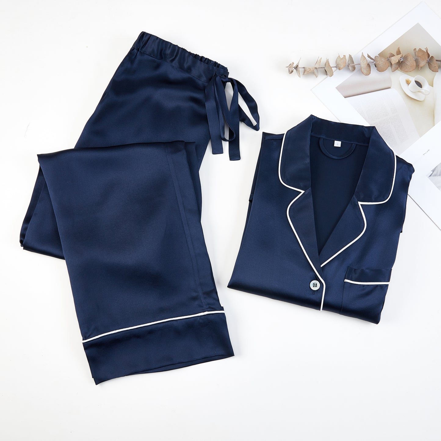 Navy Pure Silk Unisex Long Sleeve Pajama Set