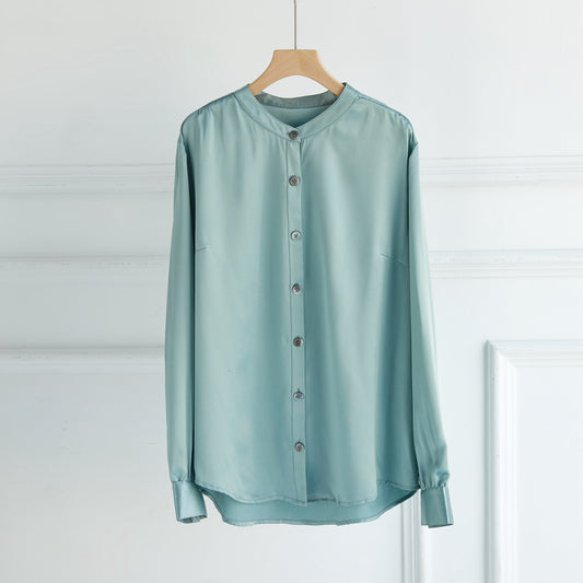 Custom Pure Silk Long Sleeve Banded Collar Blouse | Aeverie | 22 Momme Silk Charmeuse