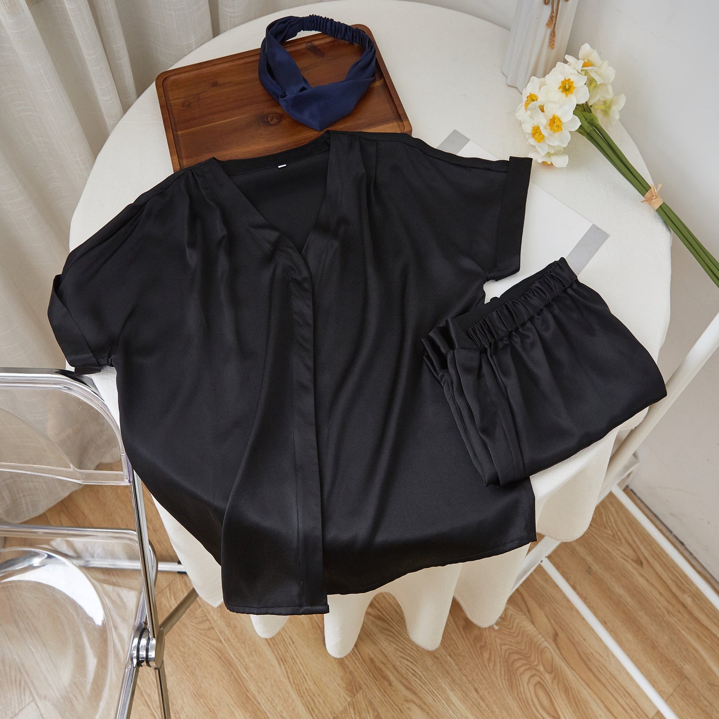 Black Pure Mulberry Silk Top and Shorts Set | Soar Collection